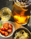 Mango Iced Tea with desert and pasta
